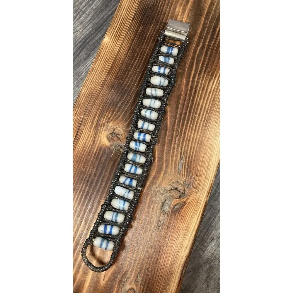 Vintage Tribal Sand Cast Beaded Ladder Woven Bracelet Silver Clasp Signed 8.25”